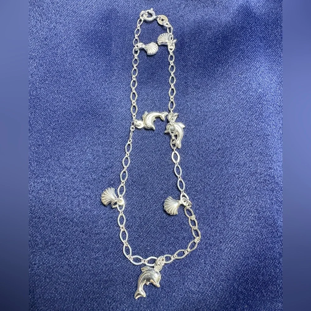 ANKLE Bracelet*925 Sterling Silver Shell and Dolphin Charm Link Chain